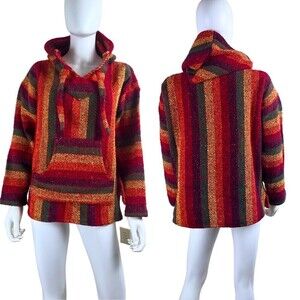 Tiaxcala Size M Pullover Stripped Mexican Poncho Colorful Hoodie Sweater Boho